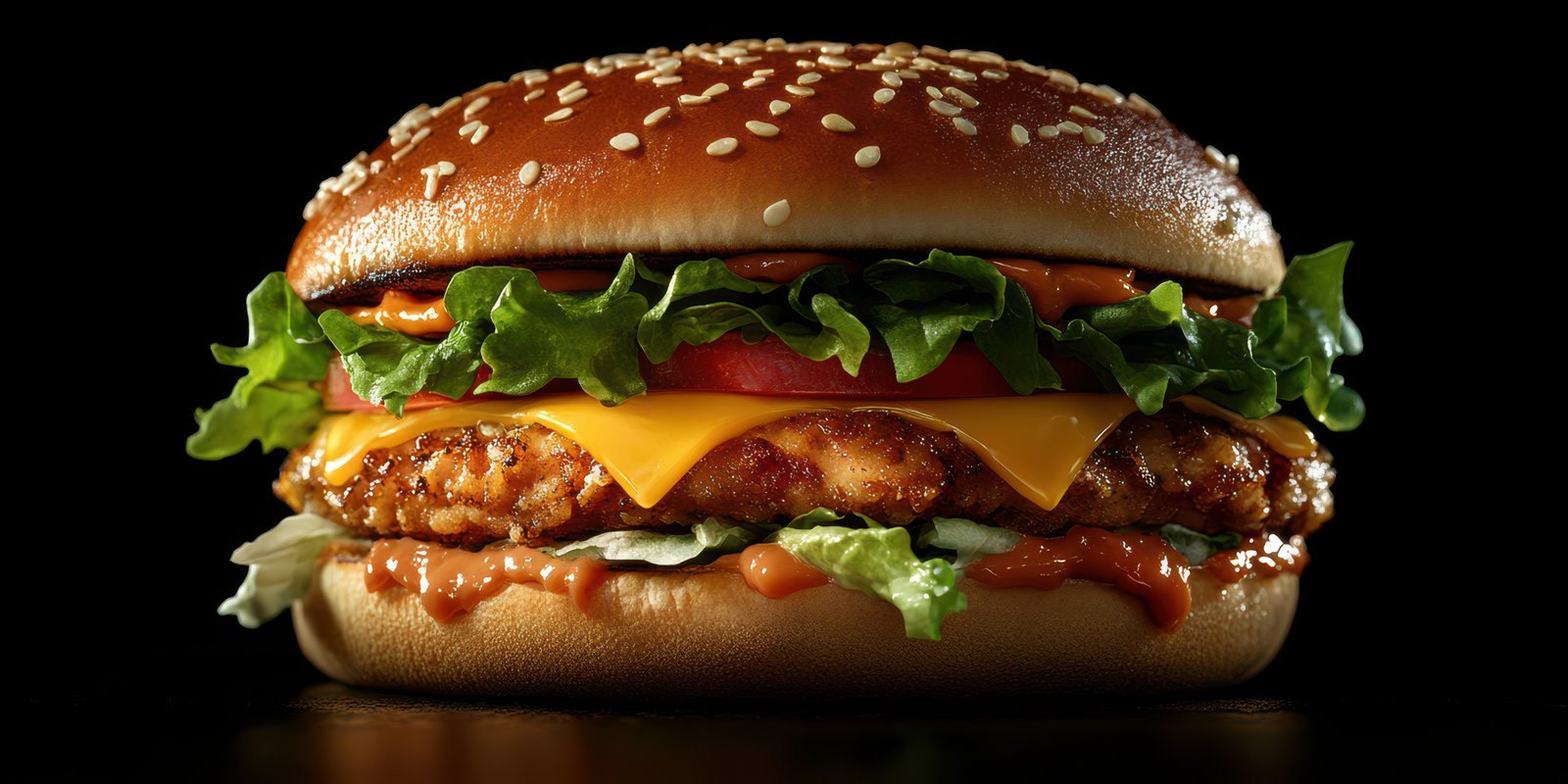Delicious crispy chicken burger with fresh lettuce, tomato, and melted cheese presented against a dark background